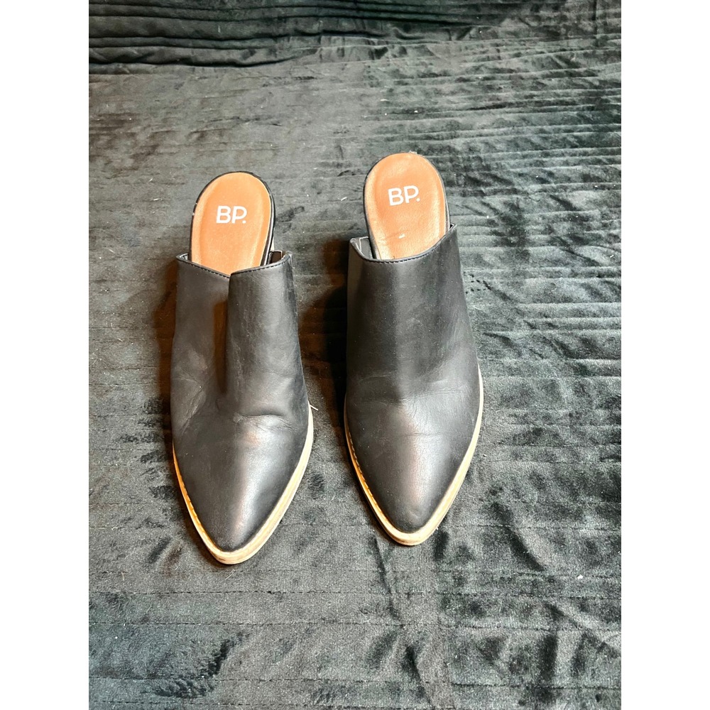 BP Black Leather Pointed Toe Mules Stacked Block Heel Size 6.5M RN 58665